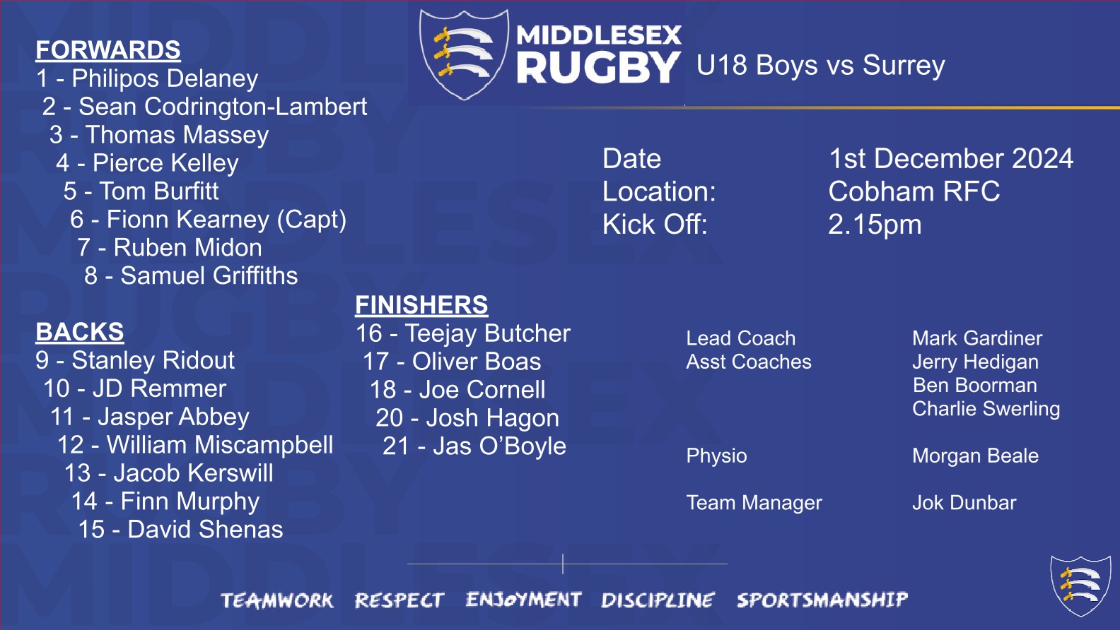 Middlesex Rugby : Middlesex U18 Boy vs Surrey at Cobham : Middlesex Rugby